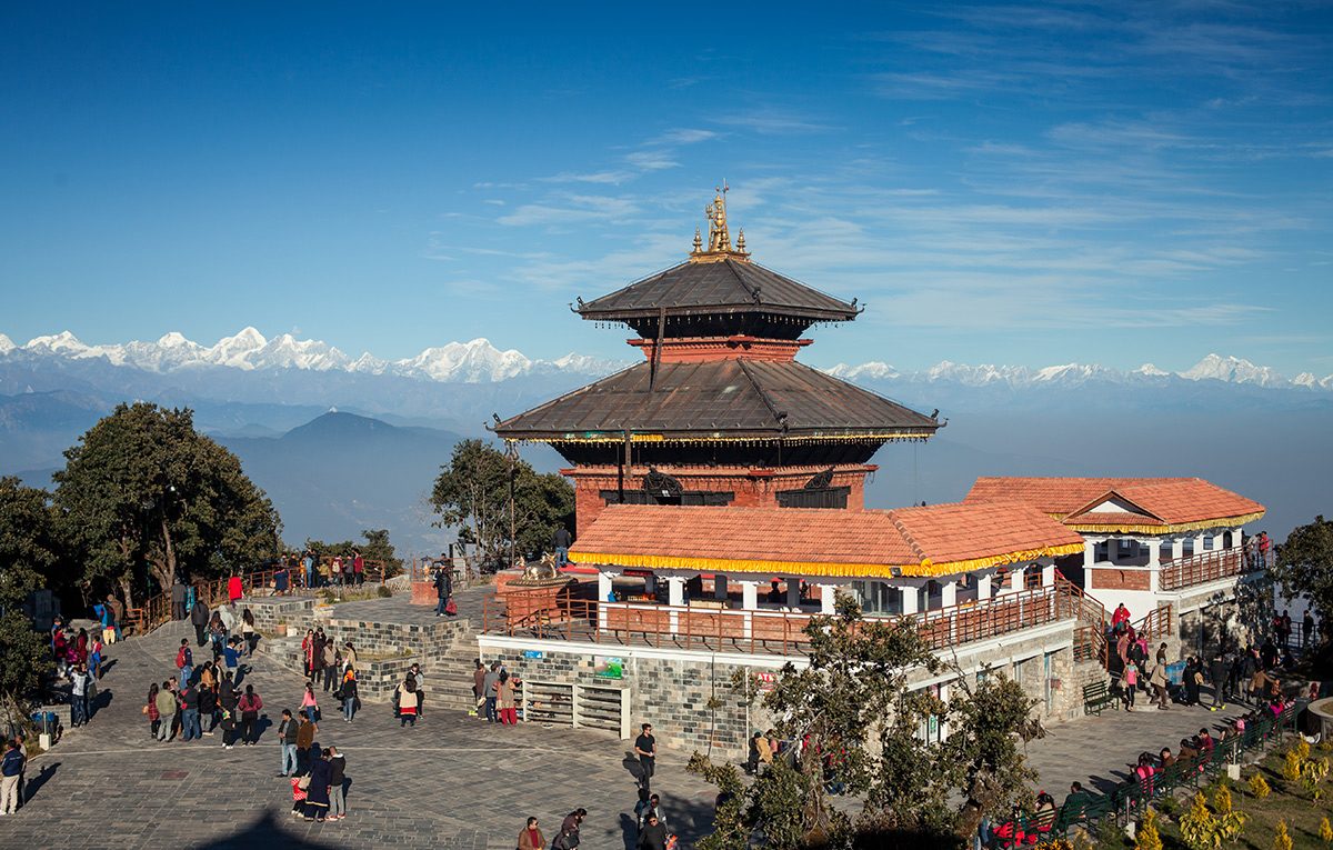 Bhaleshwor Mahadev temple on Chandragiri Hills with the snow-capped Himalaya behind