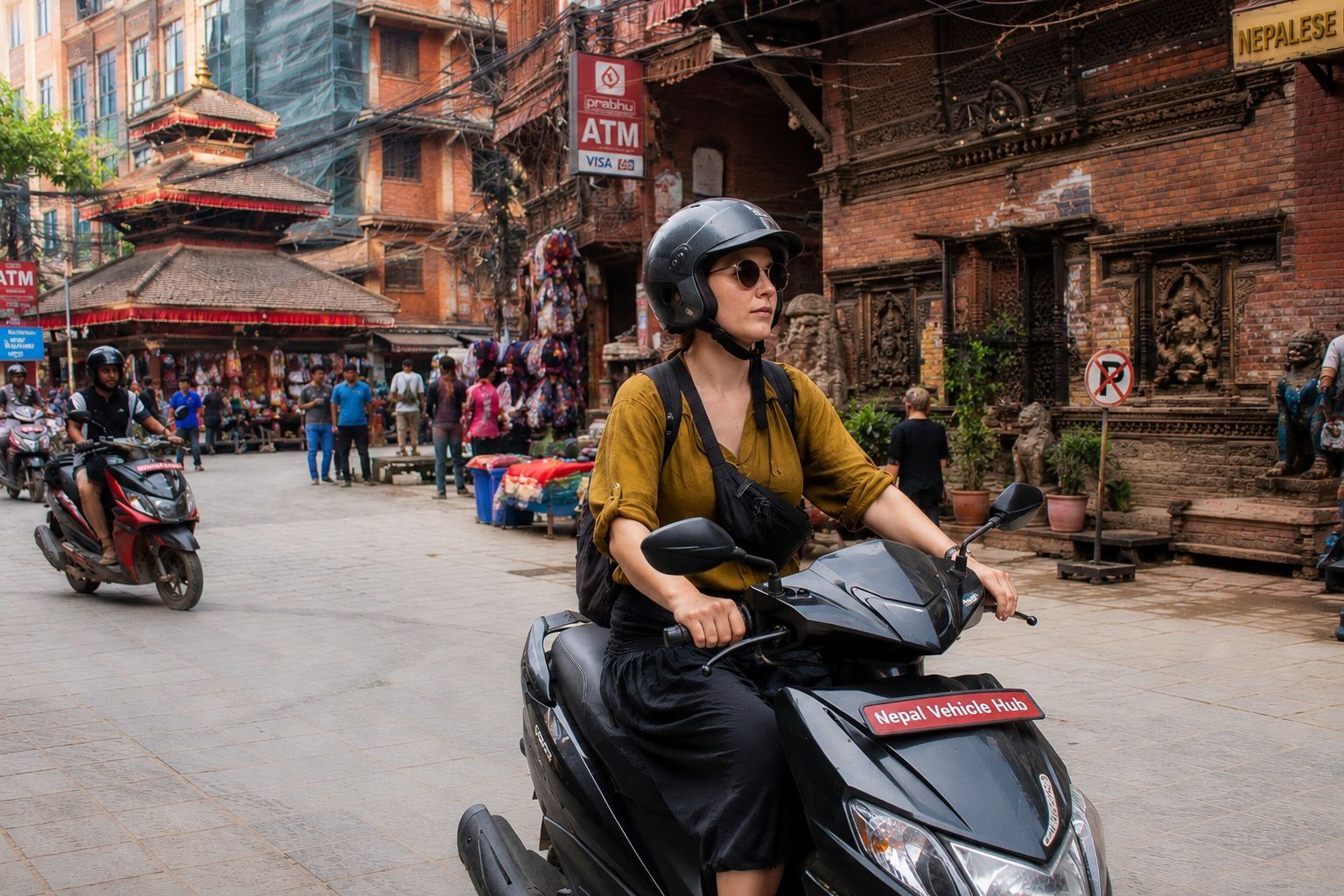 Tourist riding a rented scooter through the old streets of Kathmandu